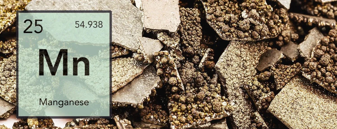 Manganese (Mn) element tile over manganese ore texture, highlighting essential hydroponic micronutrient for plant growth, germination and vegetative development in nutrient solutions.