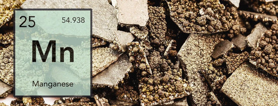 Manganese (Mn) element tile over manganese ore texture, highlighting essential hydroponic micronutrient for plant growth, germination and vegetative development in nutrient solutions.