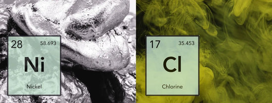 Nickel (Ni) and chlorine (Cl) element tiles over metal and gas textures, illustrating essential hydroponic micronutrients for plant nutrition, enzyme function and nutrient uptake in grow systems.
