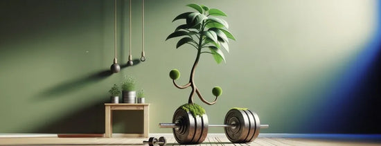 Plant training techniques concept showing a strengthened plant lifting a barbell