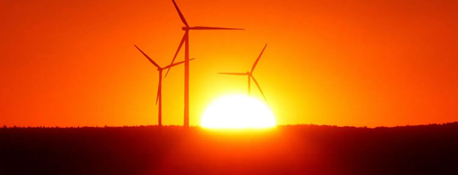 Wind turbines at sunset generating renewable energy, illustrating thermodynamics and energy transfer concepts relevant to efficient hydroponic system design
