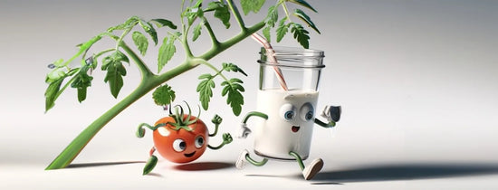 Cartoon tomato and milk character illustrating calcium nutrients supporting plant growth in hydroponic gardening systems