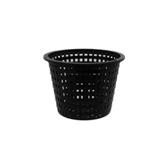 140mm black mesh net pot for hydroponics, DWC systems and orchid growing with durable ventilated design for healthy root growth and nutrient flow.