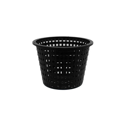 140mm black mesh net pot for hydroponics, DWC systems and orchid growing with durable ventilated design for healthy root growth and nutrient flow.