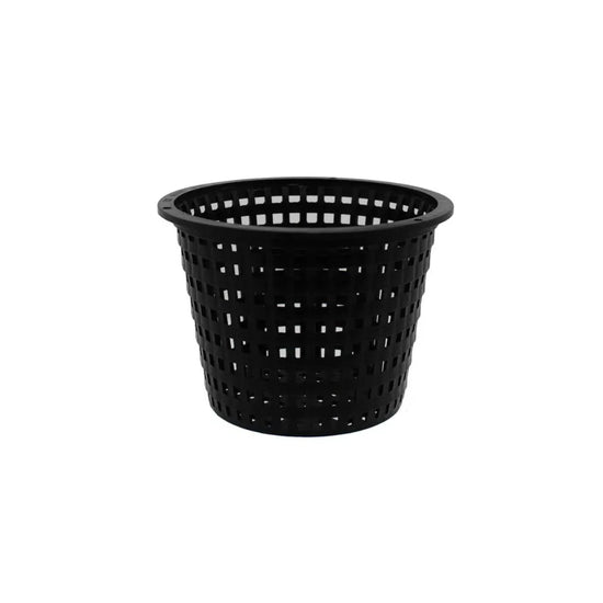 140mm black mesh net pot for hydroponics, DWC systems and orchid growing with durable ventilated design for healthy root growth and nutrient flow.