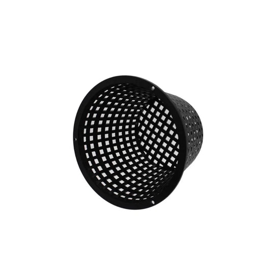 Side view of 140mm black mesh net pot for hydroponics, DWC systems and orchid growing with durable ventilated design for healthy root growth and nutrient flow.