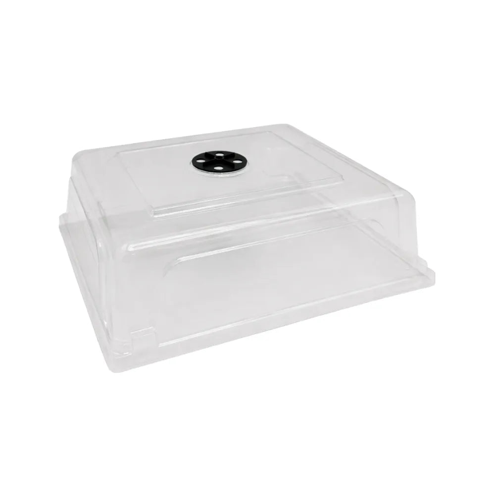 Clear plastic humidity dome lid with adjustable air vent for seed raising tray greenhouse
