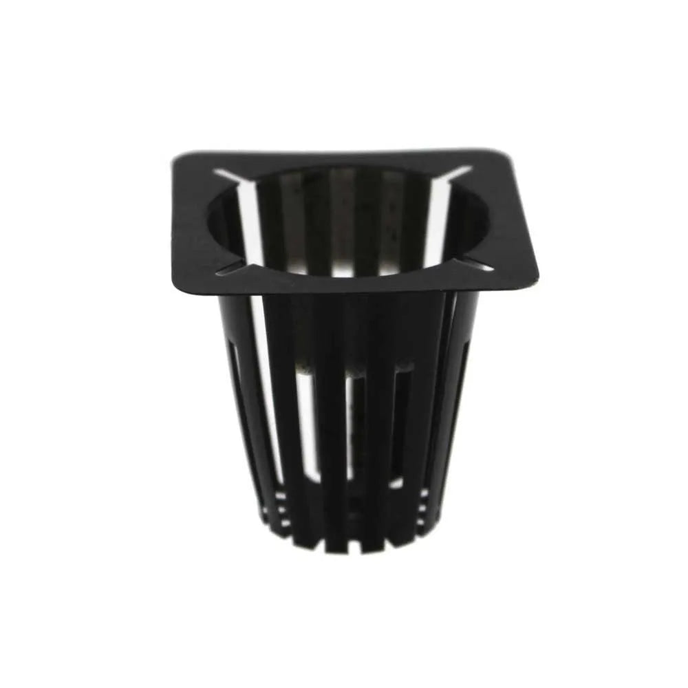 Black plastic hydroponic lettuce net pot 44mm x 50mm with slotted sides for drainage and aeration, ideal for NFT systems and seedling growth