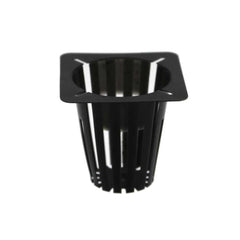 Black plastic hydroponic lettuce net pot 44mm x 50mm with slotted sides for drainage and aeration, ideal for NFT systems and seedling growth