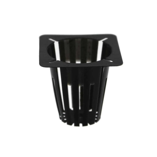 Black plastic hydroponic lettuce net pot 44mm x 50mm with slotted sides for drainage and aeration, ideal for NFT systems and seedling growth