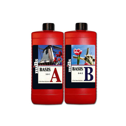 Mills Basis A and B 2L Set. Premium 2-part hydroponic base nutrients professional grow fertiliser for soil, coco and hydroponic systems