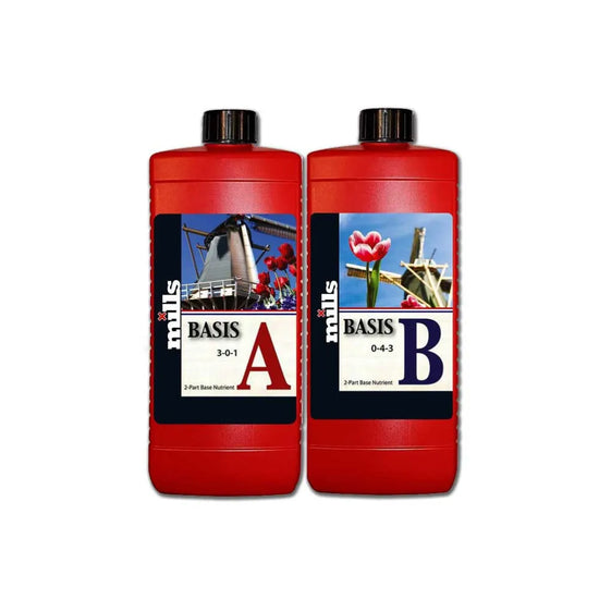 Mills Basis A and B 2L Set. Premium 2-part hydroponic base nutrients professional grow fertiliser for soil, coco and hydroponic systems