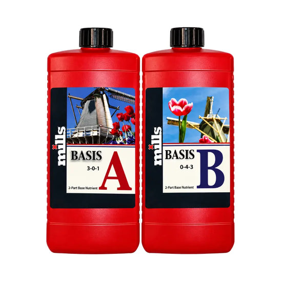Mills Basis A and B 2L Set. Premium 2-part hydroponic base nutrients professional grow fertiliser for soil, coco and hydroponic systems
