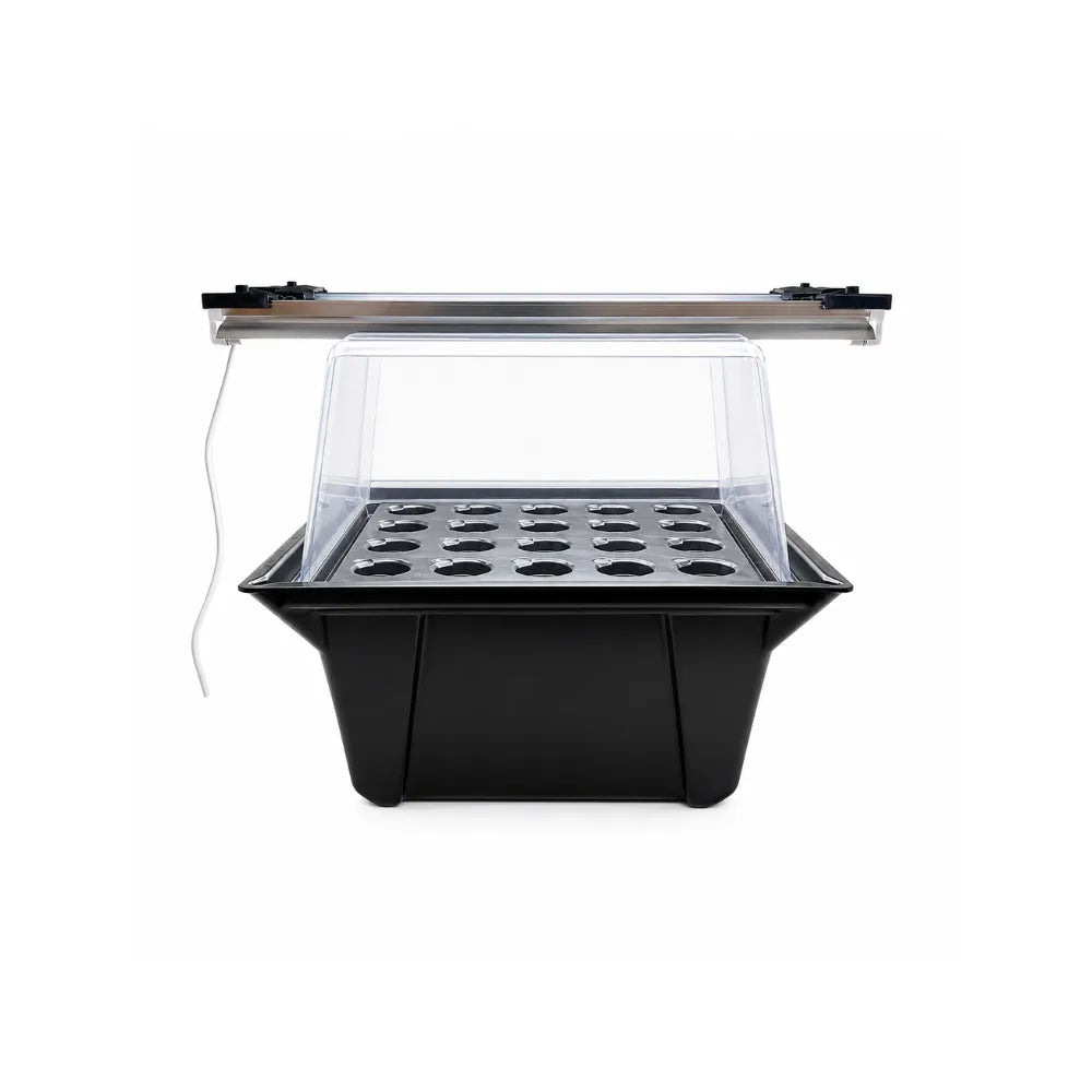 A-Grade Aeroponic Cloning Pack with MOJO COW PS1 T5 light upgrade — 20-site propagator with clear dome and mounted T5 fluorescent light bar for cuttings and seedlings