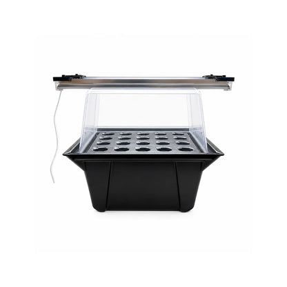 A-Grade Aeroponic Cloning Pack with MOJO COW PS1 T5 light upgrade — 20-site propagator with clear dome and mounted T5 fluorescent light bar for cuttings and seedlings