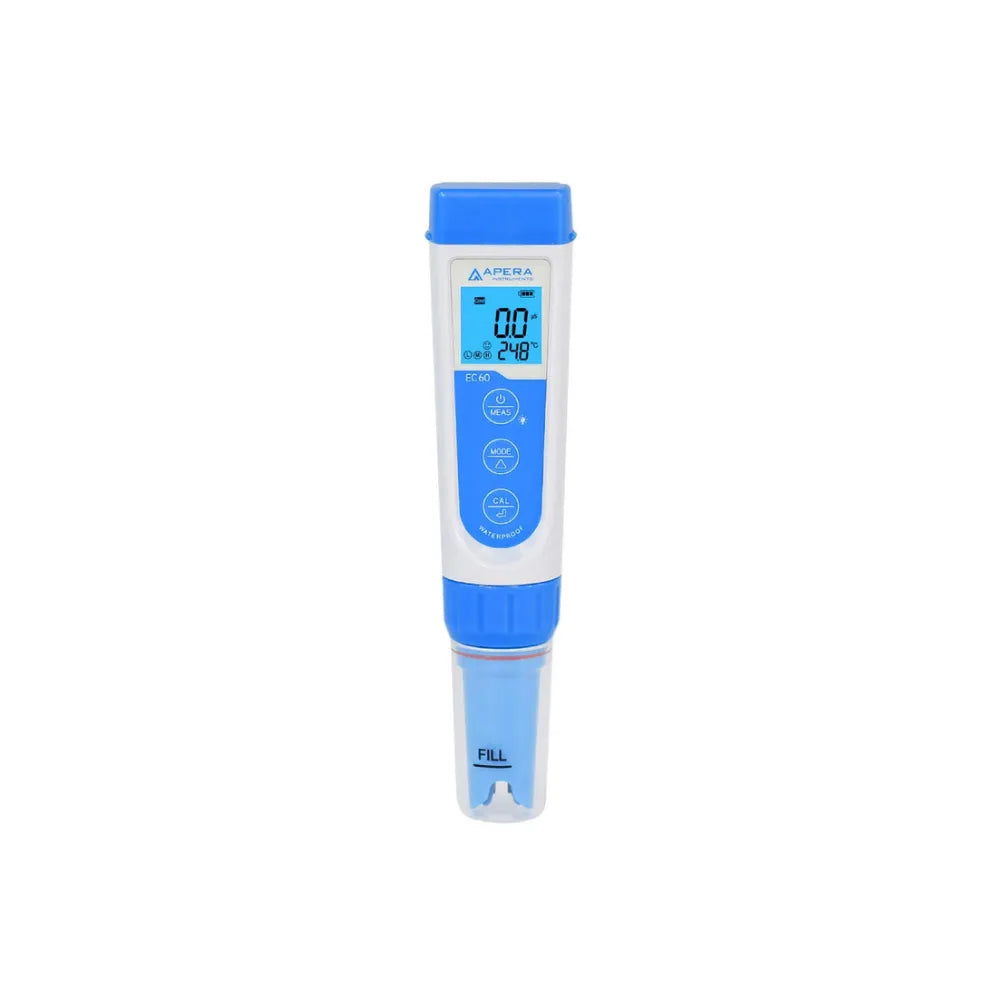 APERA EC60 premium EC, TDS and salinity pocket tester kit for hydroponic nutrient monitoring and water quality testing.