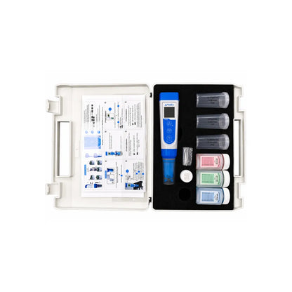 APERA PH60 pH tester kit with calibration solutions, storage solution and carry case for hydroponic and water quality testing.