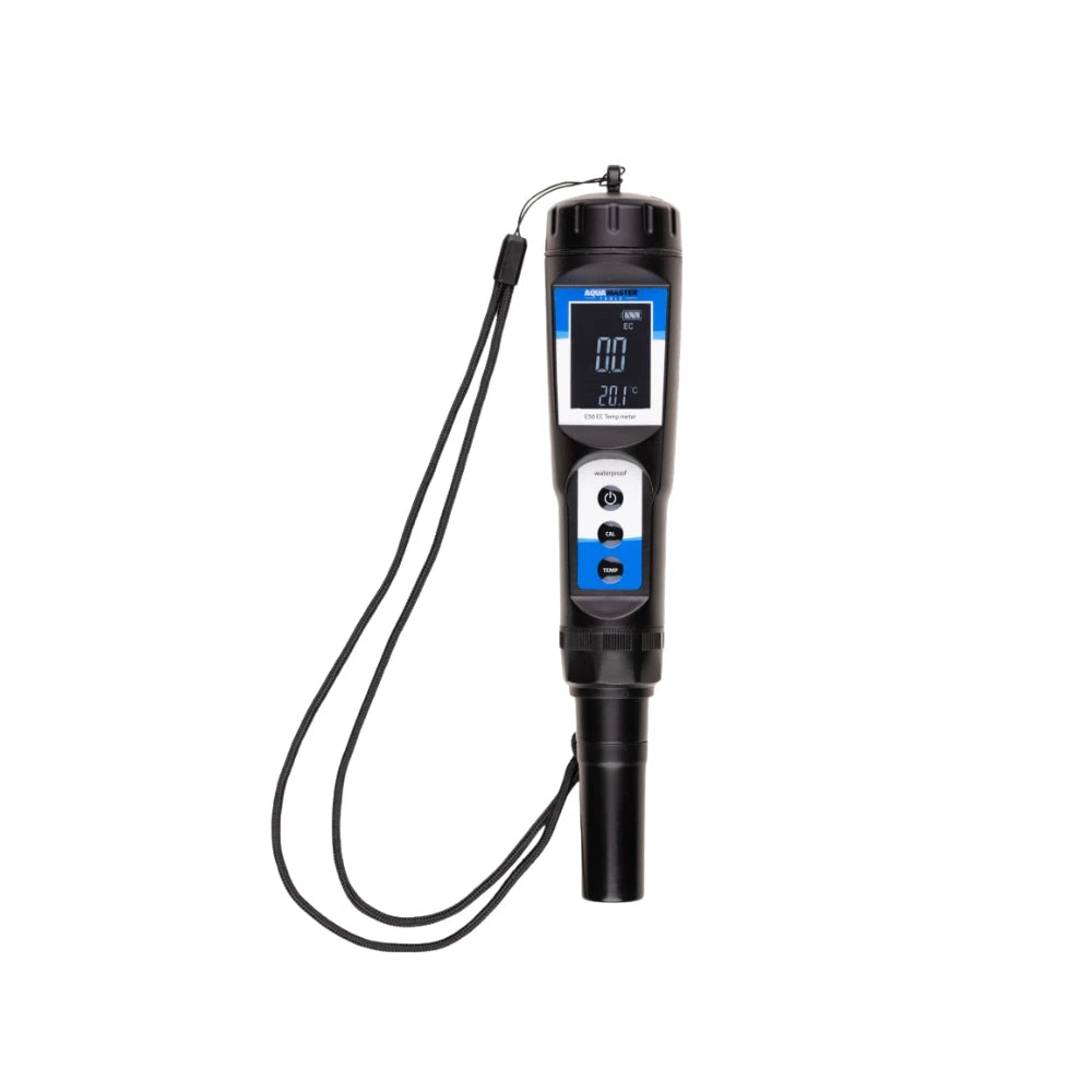 Aqua Master Tools E50 Pro2 waterproof EC and temperature meter with digital display and wrist lanyard.