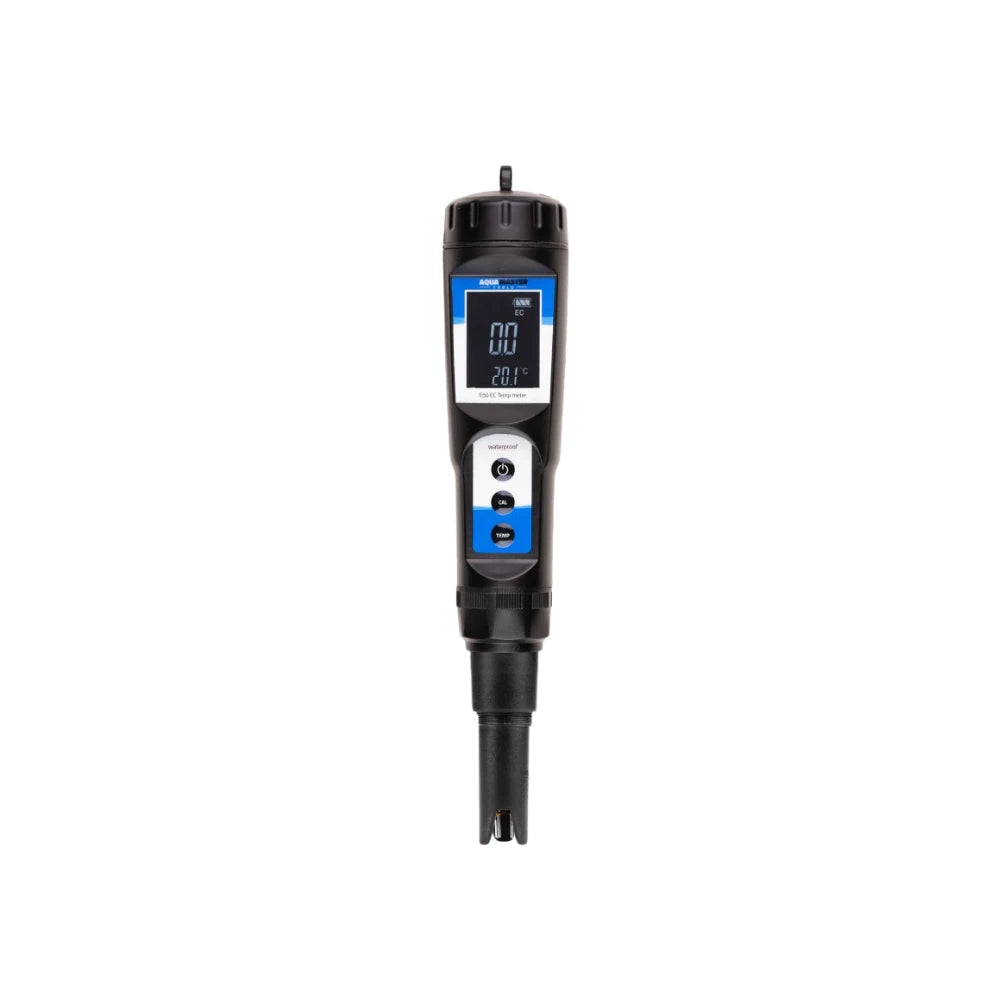 Aqua Master Tools E50 Pro2 EC temp meter with attached conductivity probe, digital screen and control buttons