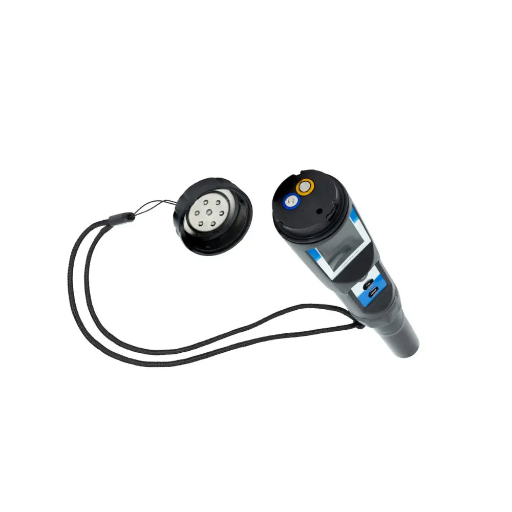 AQUA MASTER TOOLS P110 Pro2 combo pen with top cap removed, showing 2 AAA batteries and attached cap cord