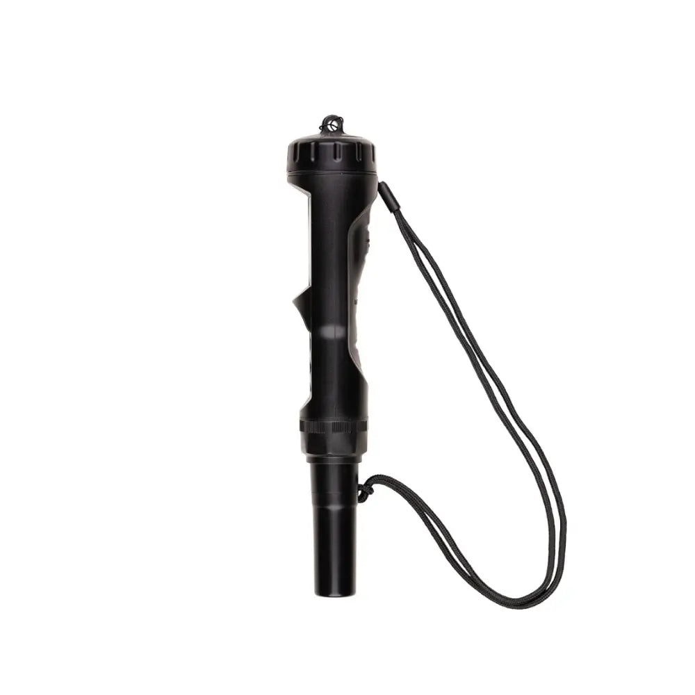 Side view of black AQUA MASTER TOOLS P110 Pro2 meter with ergonomic grip and cord linking cap to protective cover