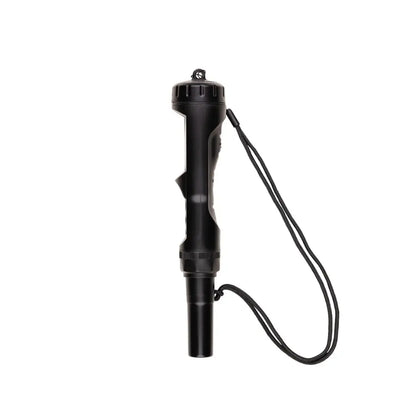 Side view of black AQUA MASTER TOOLS P110 Pro2 meter with ergonomic grip and cord linking cap to protective cover