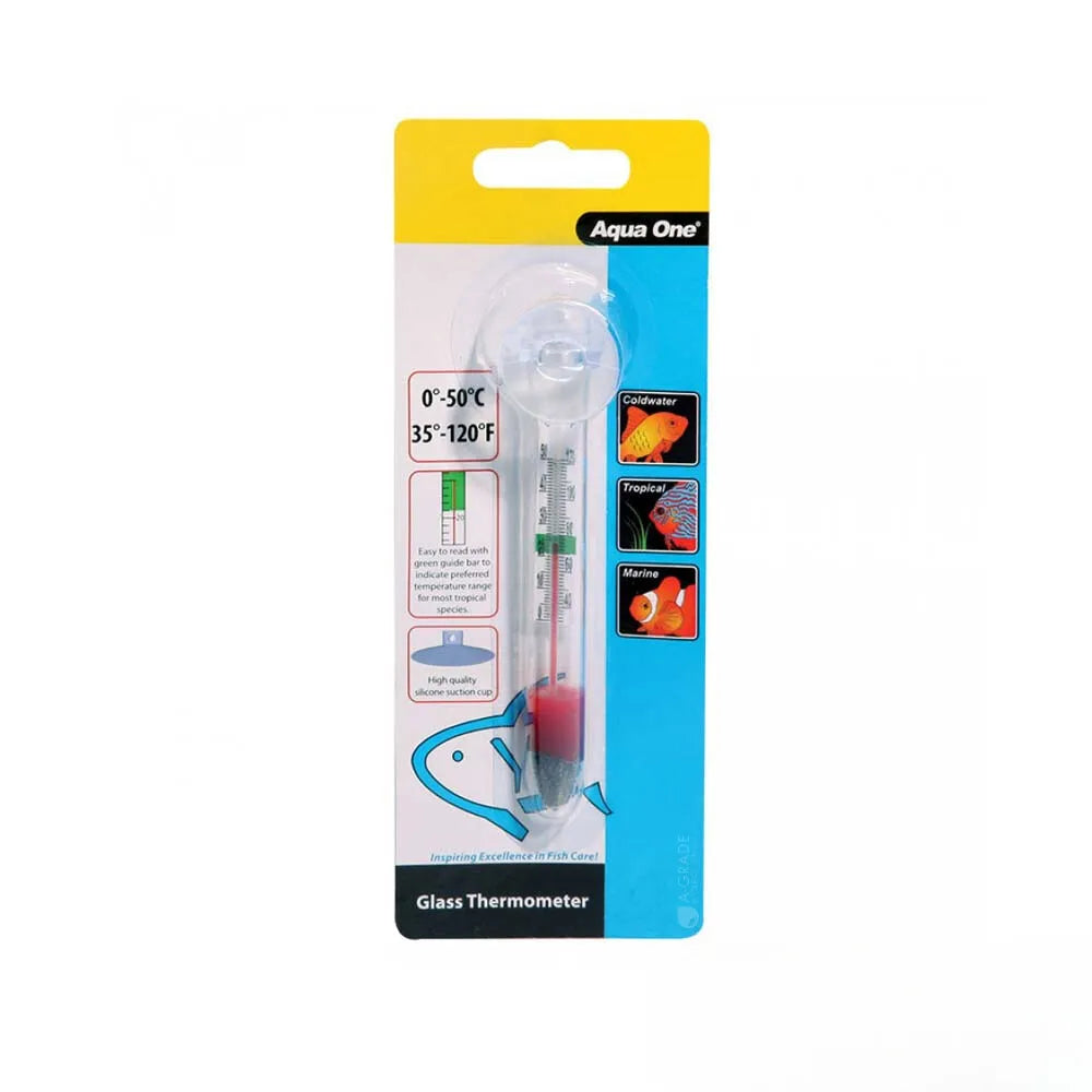 AQUA ONE glass aquarium thermometer with suction cup for accurate water temperature readings in hydroponic, aquaponic and fish tank systems