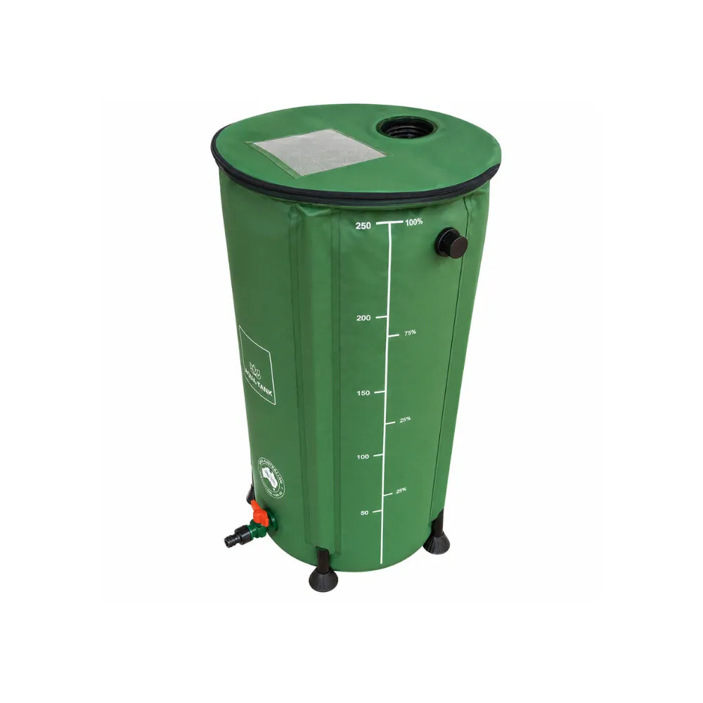Compact 100L foldable water tank with top inlet and side outlet, portable rainwater storage for backyard irrigation