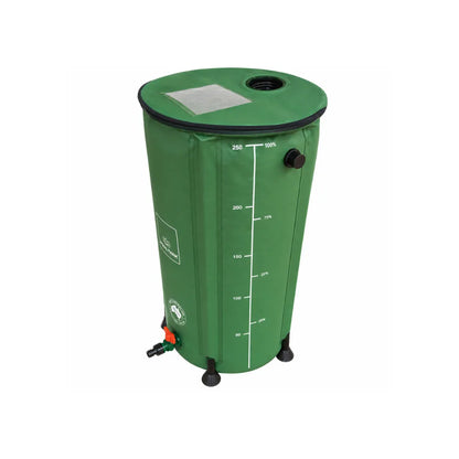 Compact 100L foldable water tank with top inlet and side outlet, portable rainwater storage for backyard irrigation