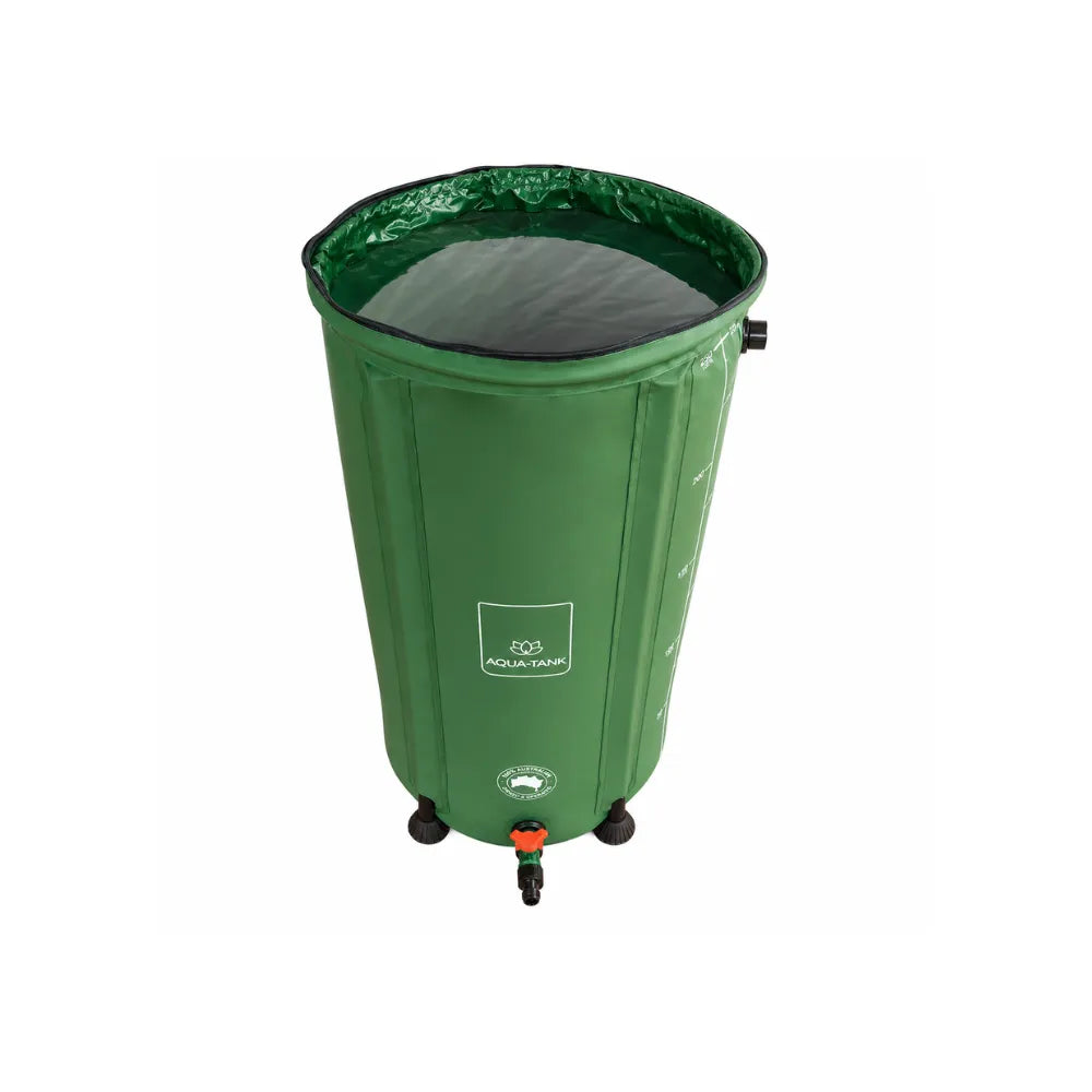 Open-top 100L hydroponic reservoir tank with sturdy legs, green collapsible water container with tap and measurement markings