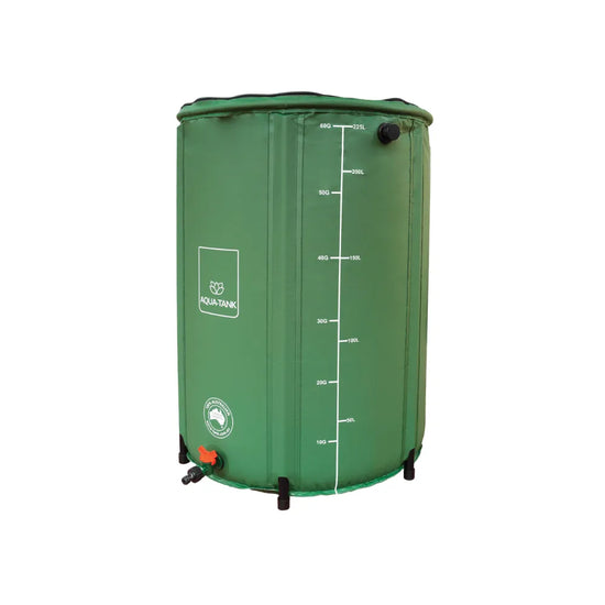 225L collapsible hydroponic reservoir with drainage valve and measurement markings, durable green rainwater collection tank