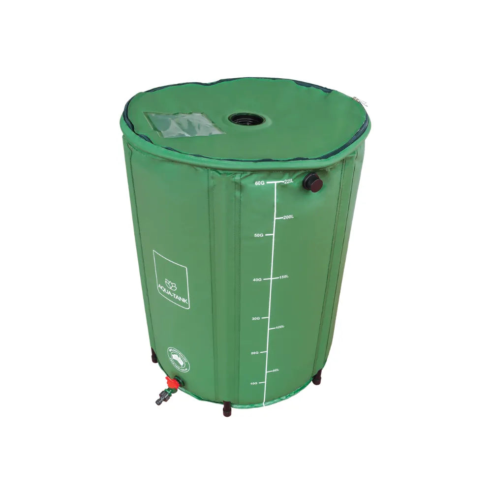 Medium 225L foldable water tank with top inlet and side outlet, portable rainwater storage solution for backyard irrigation