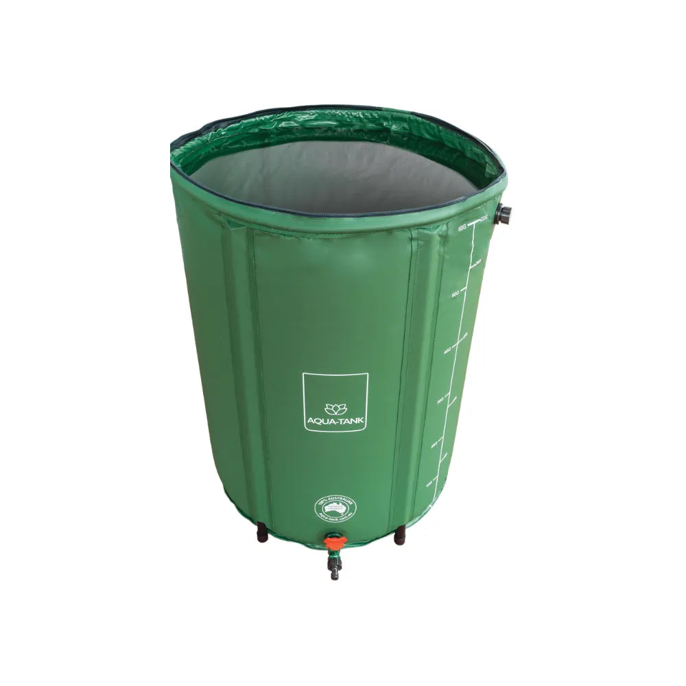 Open-top 225L hydroponic reservoir tank with sturdy legs, green collapsible water container with tap and volume scale