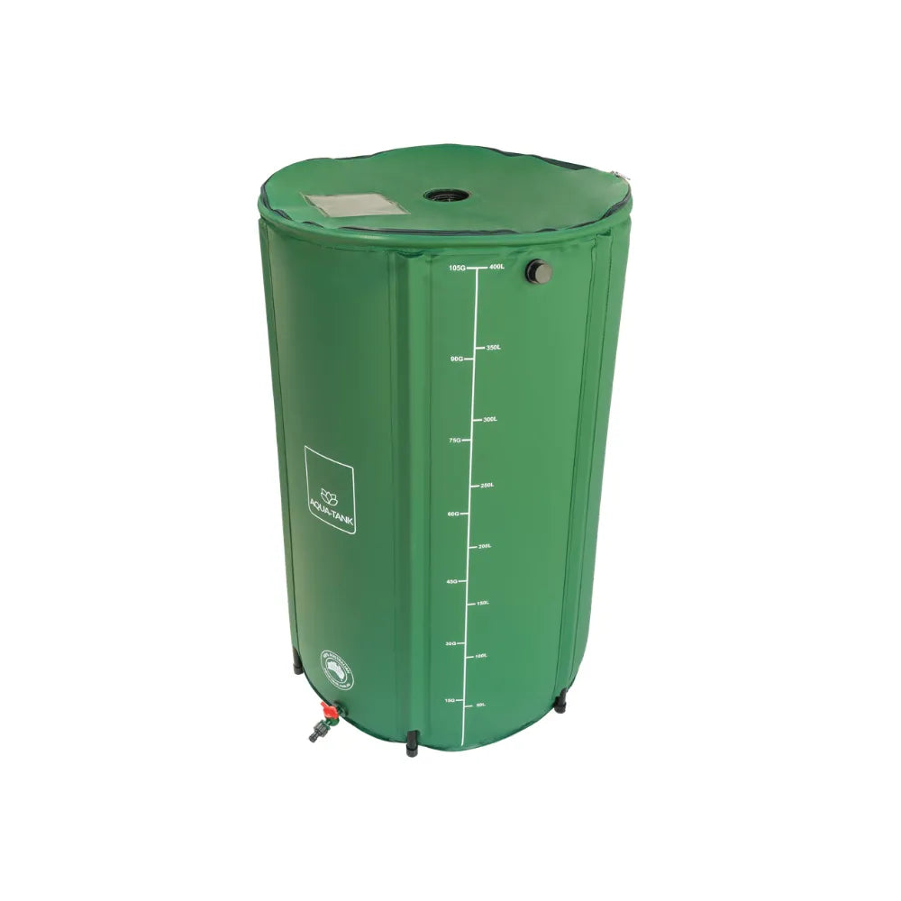 Large foldable water tank 400L with top inlet and side outlet, portable rainwater storage solution for backyard irrigation