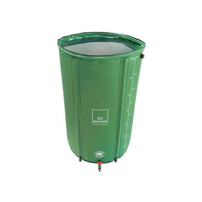 Open-top 400L hydroponic reservoir tank with sturdy frame, green collapsible water container with tap and volume scale