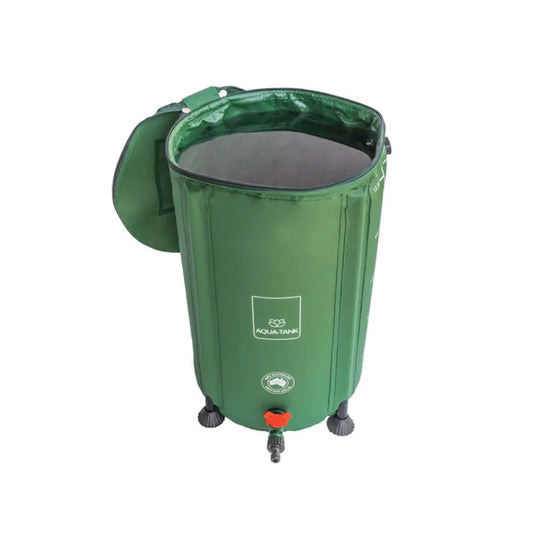 Open-top 50L foldable hydroponic reservoir tank with lid, durable green water storage container for backyard use