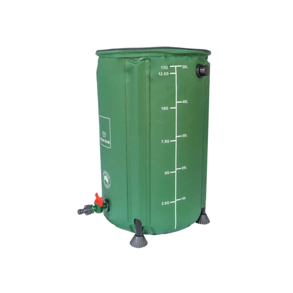 Aqua-Tank 50L portable rainwater tank with level indicator markings and outlet tap, compact collapsible water storage solution