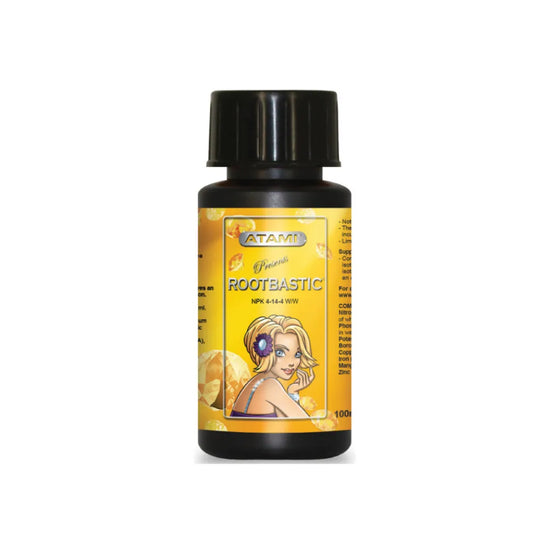 Atami Rootbastic 100ml root stimulator, concentrated liquid fertiliser for strong root growth in hydroponics and soil plants.