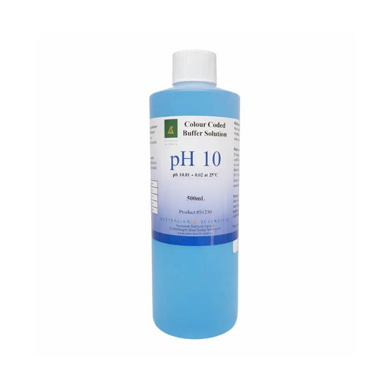 Australian Scientific pH 10.0 calibration buffer solution 500mL bottle, colour-coded blue lab solution for precise pH meter calibration and testing