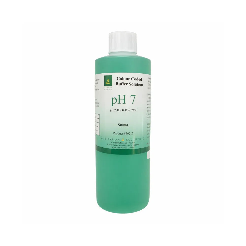 Australian Scientific pH 7.0 calibration buffer solution 500mL bottle, colour-coded green lab solution for accurate pH meter calibration and testing