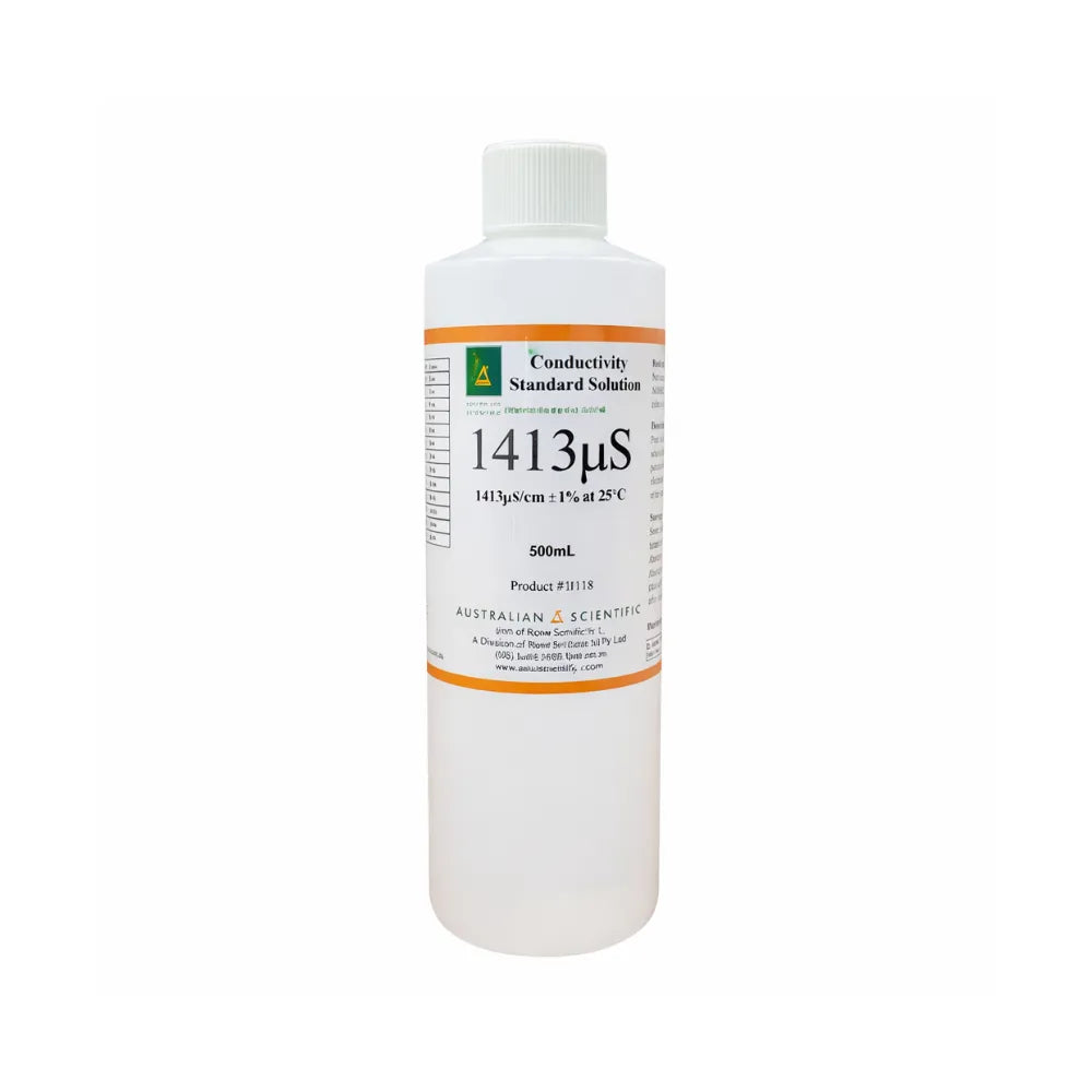 Australian Scientific 1413µS conductivity standard solution 500mL bottle, lab calibration solution for conductivity meter accuracy testing and calibration