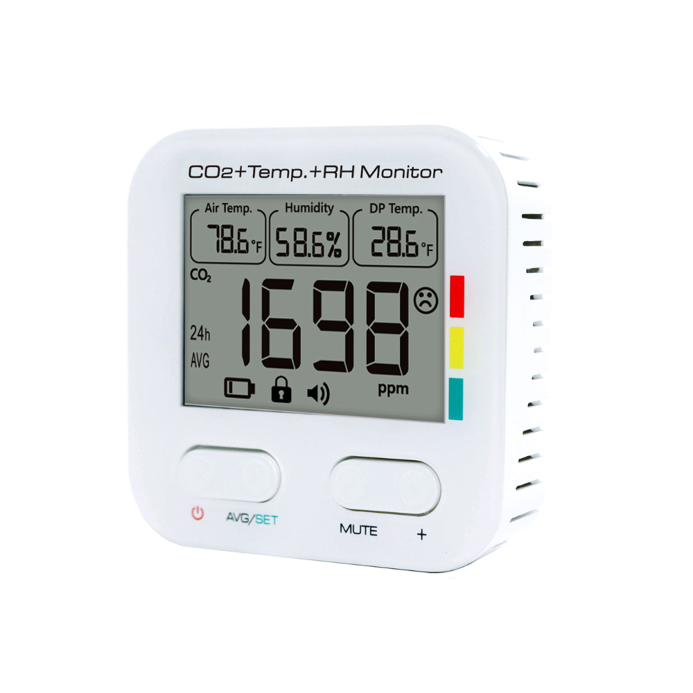 Digital CO2, temperature and humidity monitor with LCD display, indoor air quality meter for home, office or grow rooms.