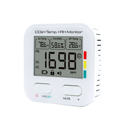 Digital CO2, temperature and humidity monitor with LCD display, indoor air quality meter for home, office or grow rooms.