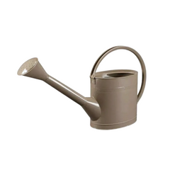 Truffle-coloured 5L metal watering can with long spout and removable rose, featuring an ergonomic central handle and a sleek, powder-coated finish