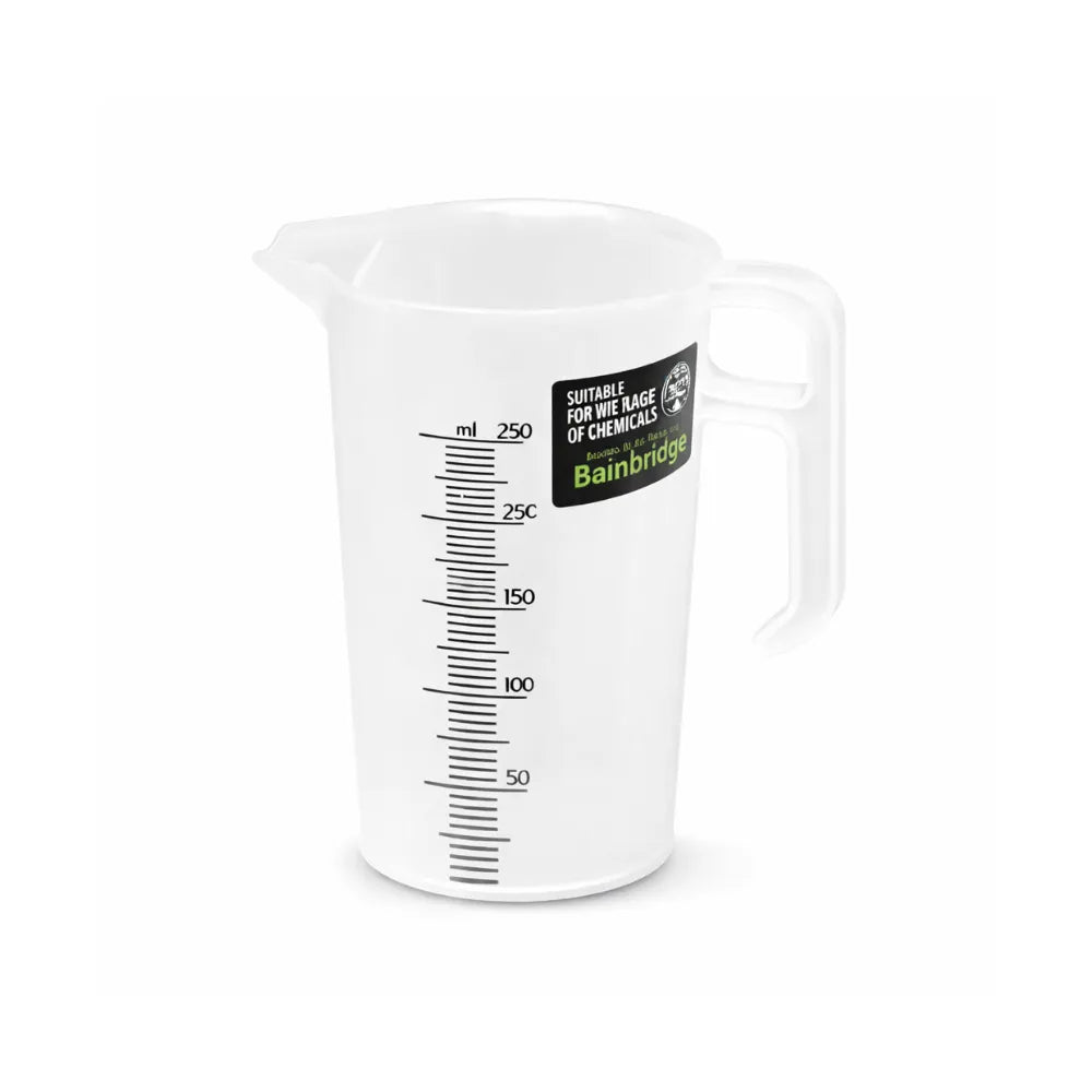 BAINBRIDGE 250ml chemical measuring jug with handle, pour spout and clear metric measurements