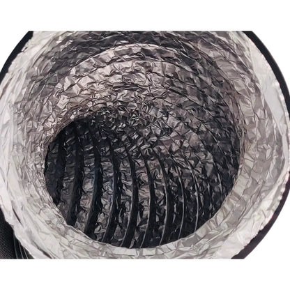 Black PVC combi ducting interior showing flexible aluminium foil inner lining and steel wire support coil for grow tent ventilation. Available in 100, 125, 150, 200, 250 &amp; 250mm diameters.