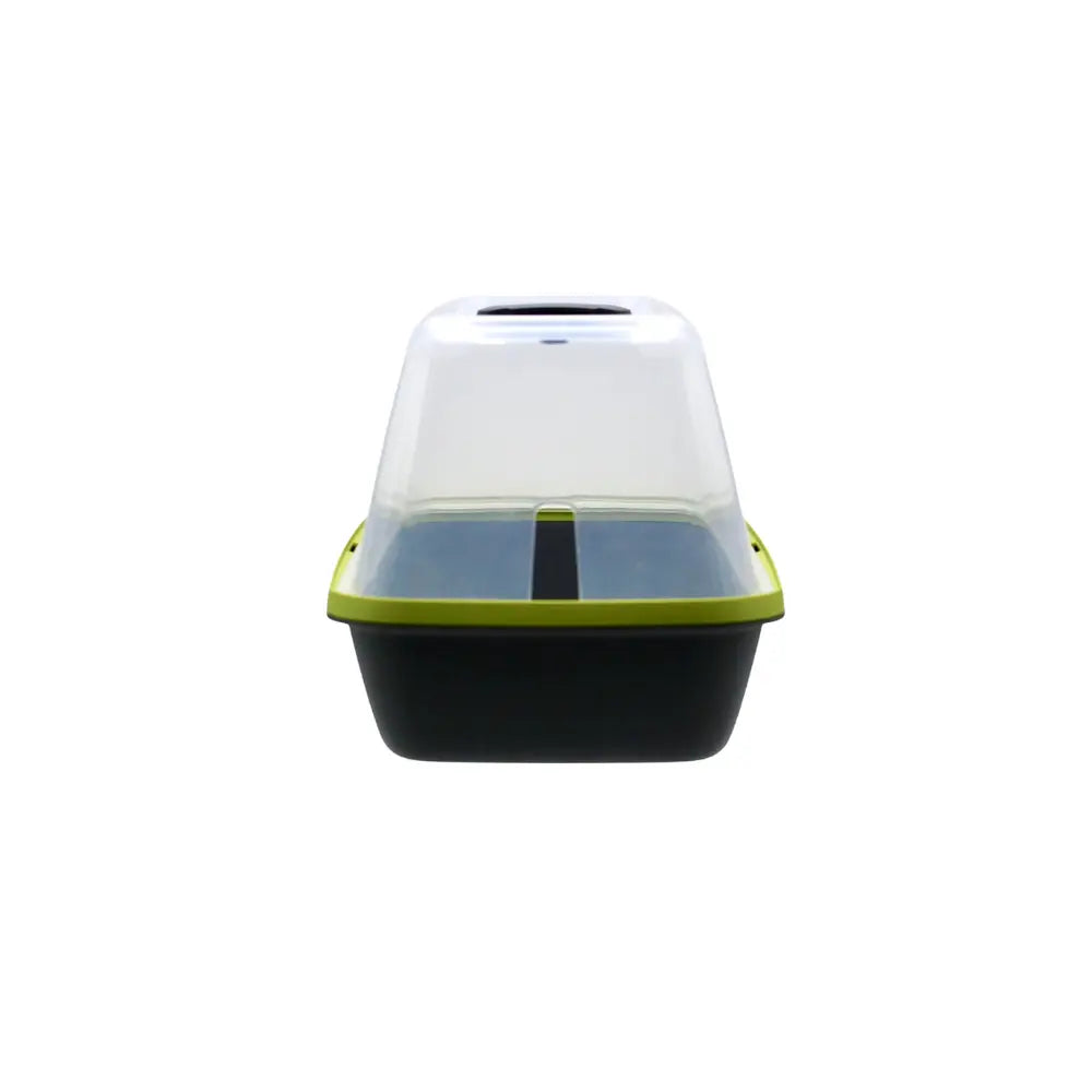 BoQube Medium Propagator end view, compact seed propagator with clear humidity dome and grey base with green trim