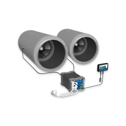 CAN-FAN ventilation system with Satellite Controller connected to inline fans and LCD EC controller for grow room airflow management.