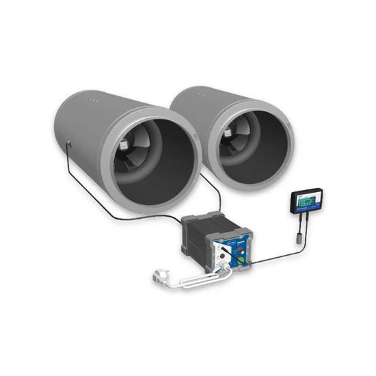CAN-FAN ventilation system with Satellite Controller connected to inline fans and LCD EC controller for grow room airflow management.