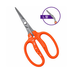 CHIKAMASA B-500SLF pruning scissors with angled stainless steel blades and orange ergonomic handles for precision plant trimming, grapevine defoliation, harvesting and delicate pruning tasks.